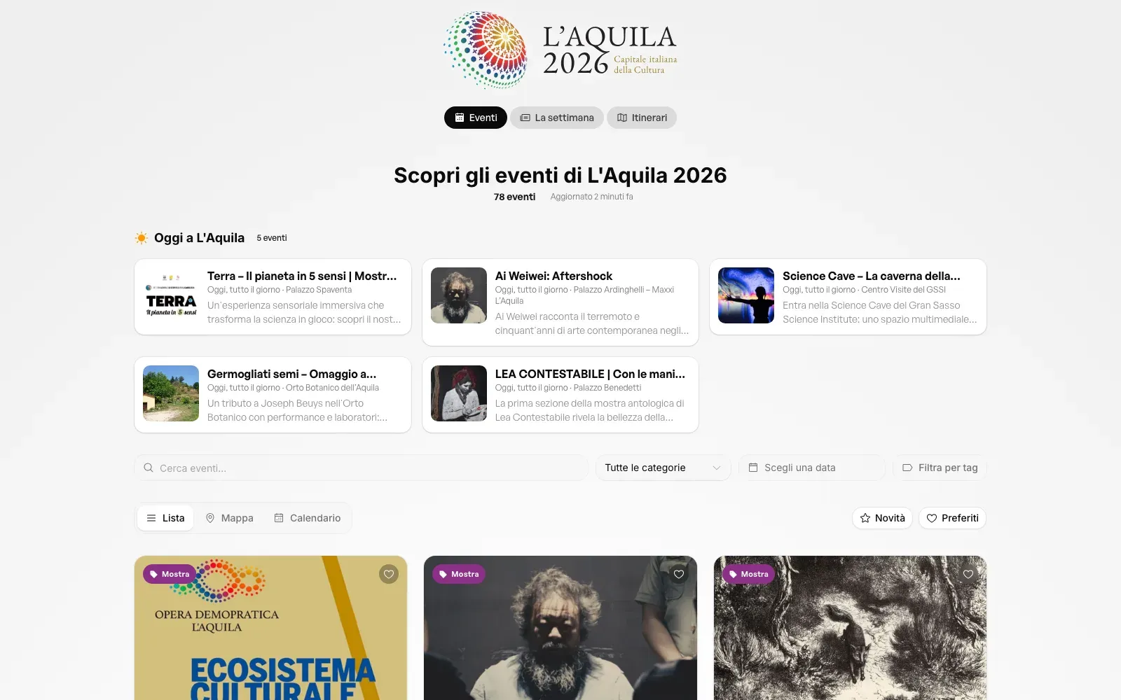 Schermata del sito L'Aquila 2026