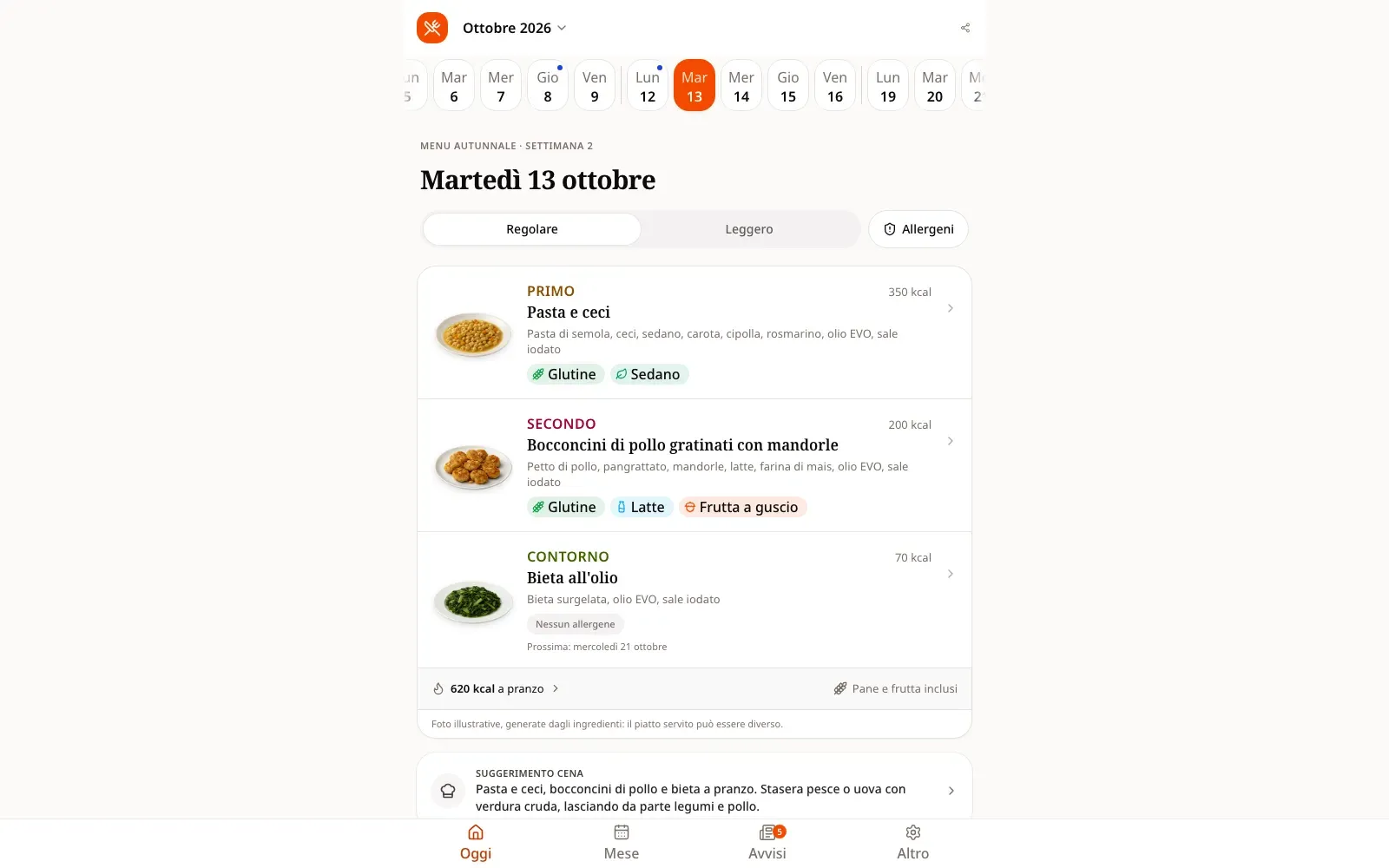 Schermata del sito Menu Mensa