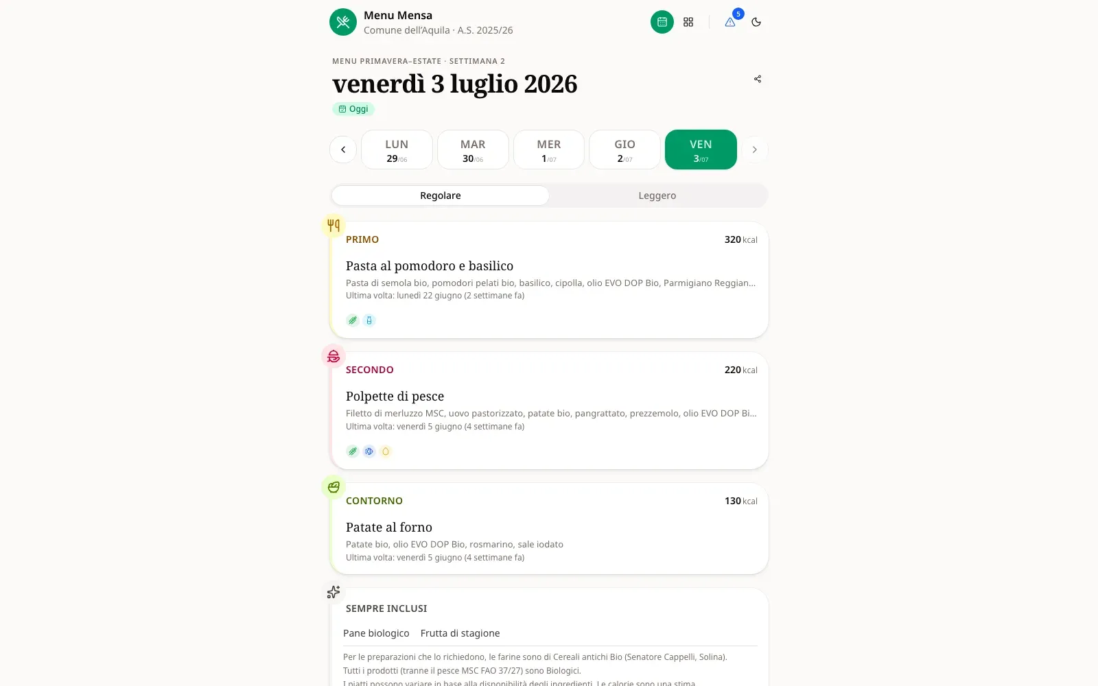 Schermata del sito Menu Mensa